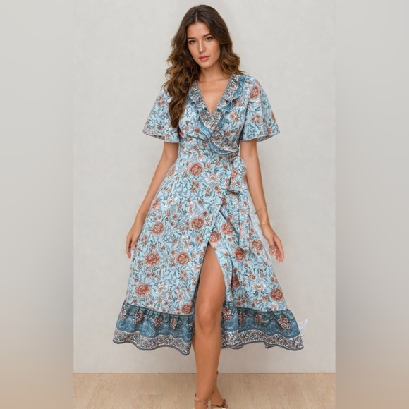Blue Boho Floral Print Ruffle Trim Wrap Knot Side Dress - Picture 1 of 6